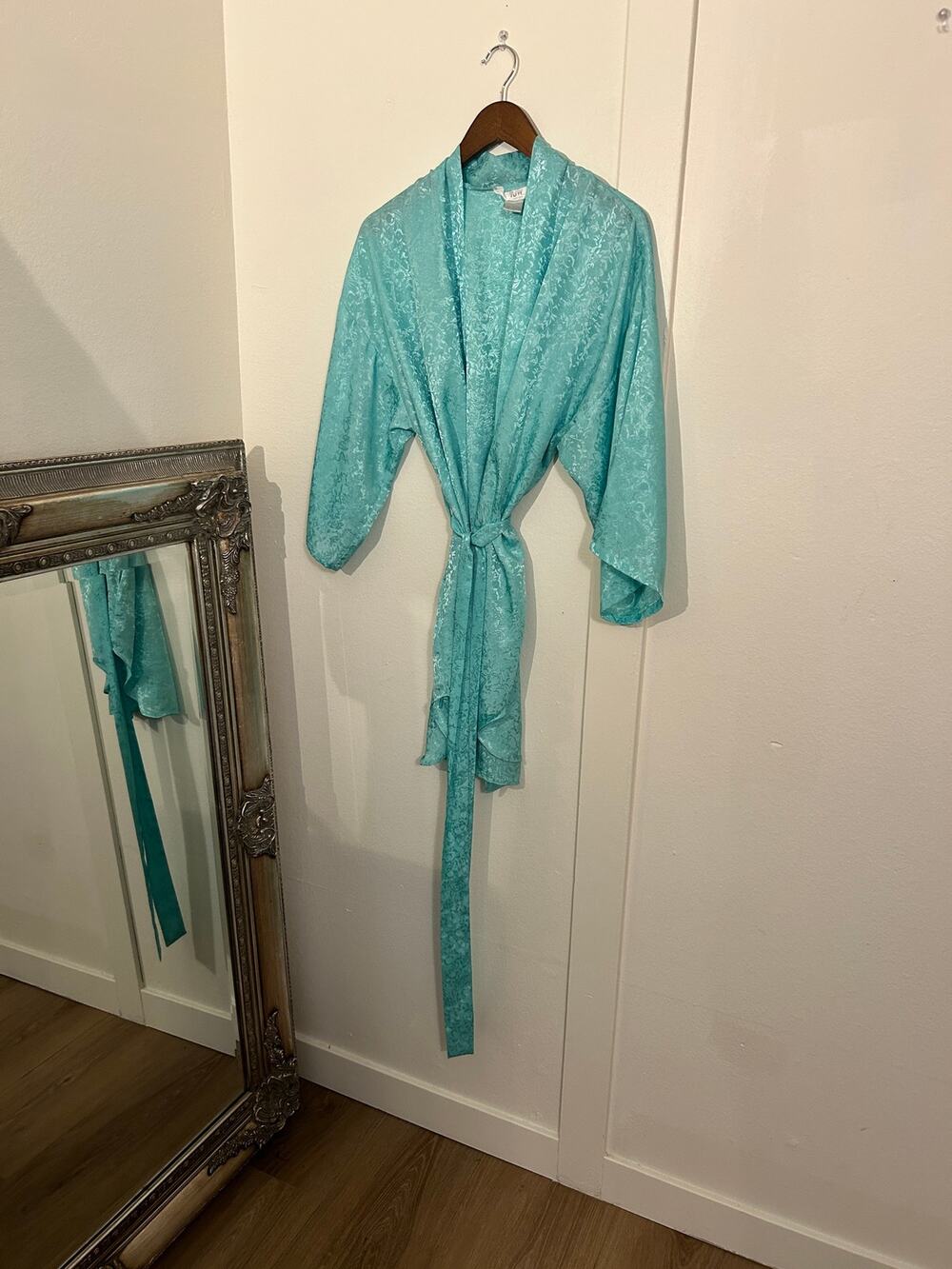 Vintage 90s TJW by Mervyns Teal Satin Robe L Floral Jacquard Kimono Wrap Mint